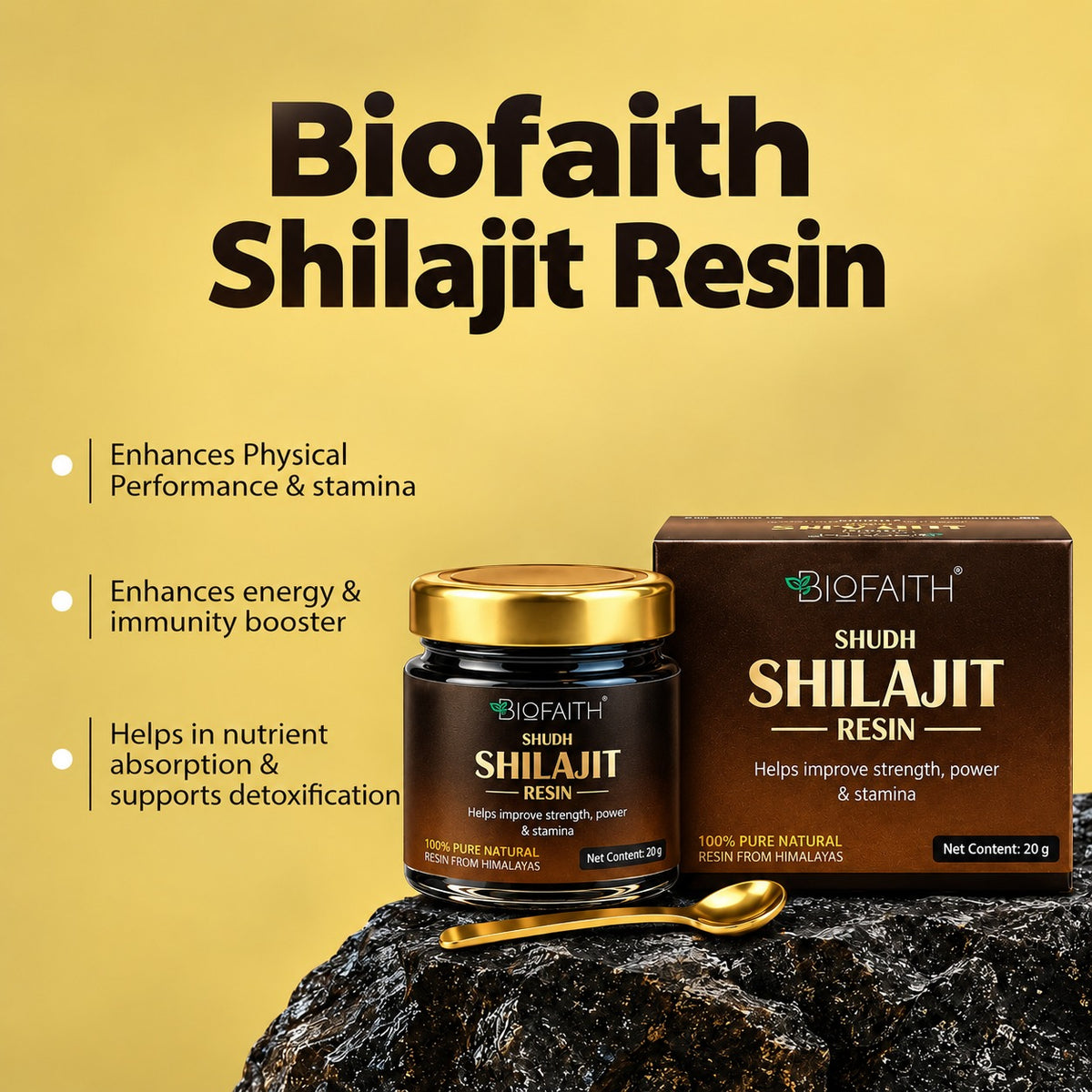 Shudh Shilajit Resin - NLT 68% Fulvic Acid with Free Brass Spoon | Improves strength, power & stamina | 100% Pure Natural | 20g