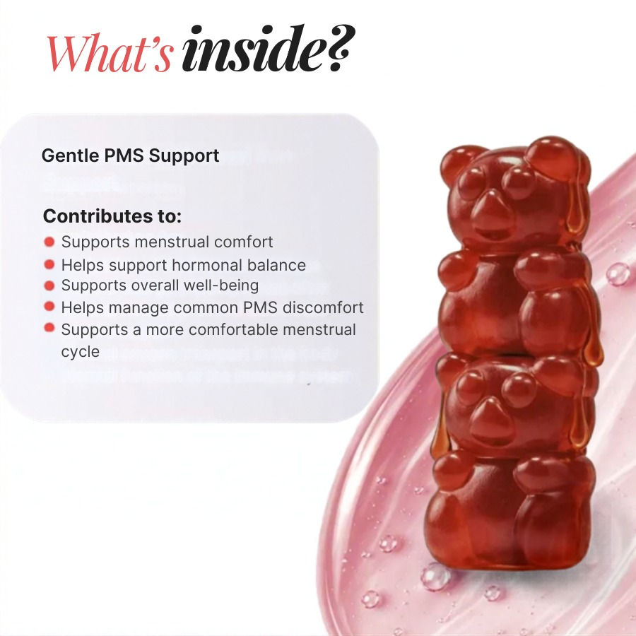 PMS Gummies wellness information with strawberry gummy bears