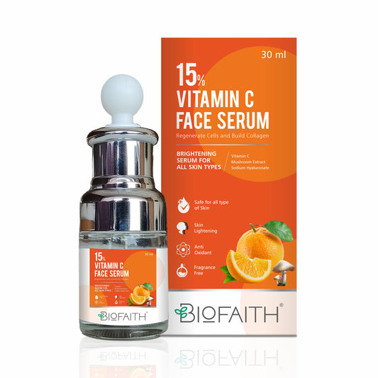 Biofaith 15% Vitamin C face serum With Mushroom Extract  | Brightens & Even Skin Tone | Antioxidant Protection  | 30ML