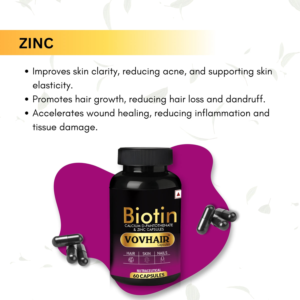 Biotin Calcium D-Pantothenate and Zinc Capsule |  Nutrition for Luscious Hair, Strong Nails and Radiant Skin | 60 Capsules