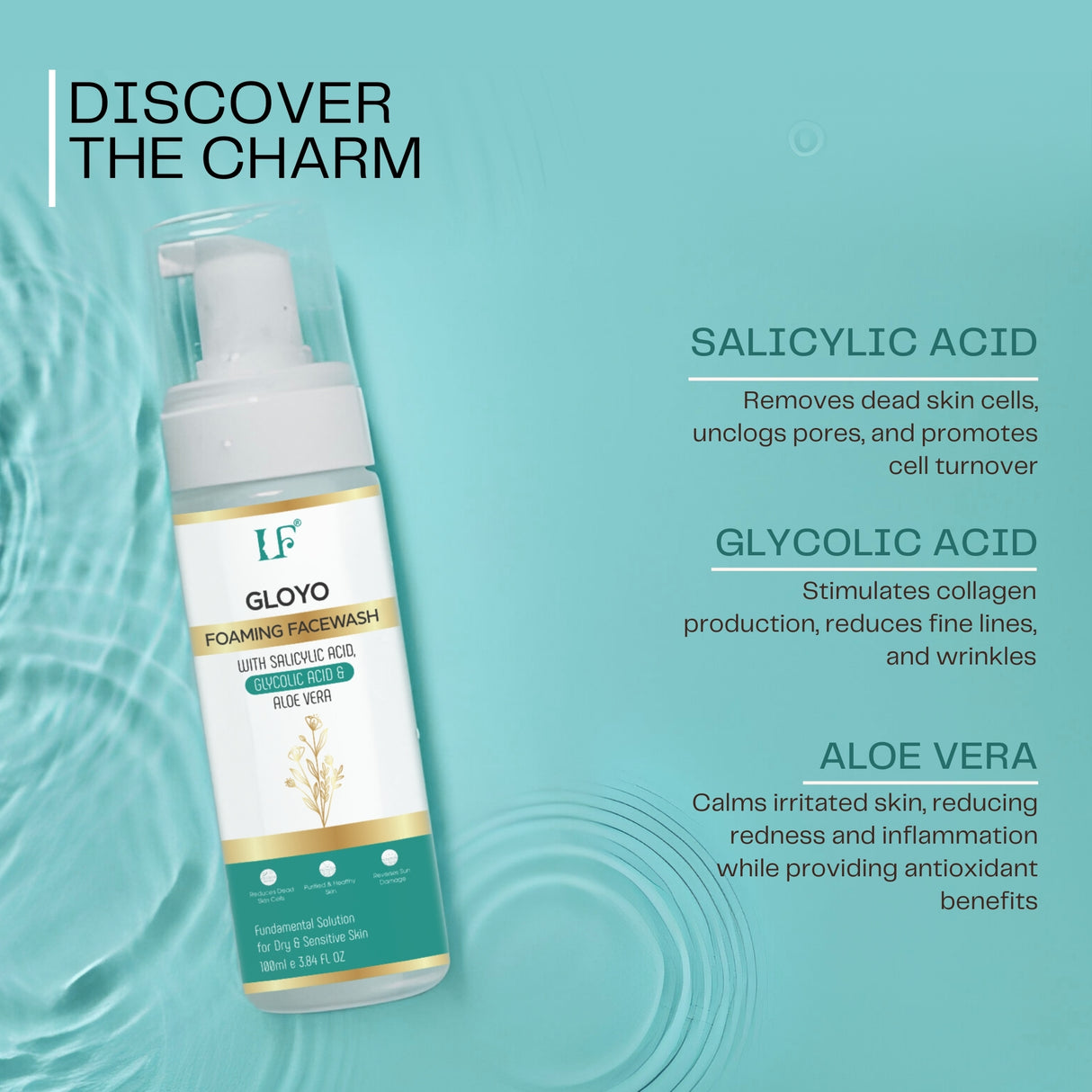 Gloyo Foaming Face Wash With Salicylic, Glycolic Acid & Aloevera | Fundamental Solution for Dry & Sensitive Skin - 100ml