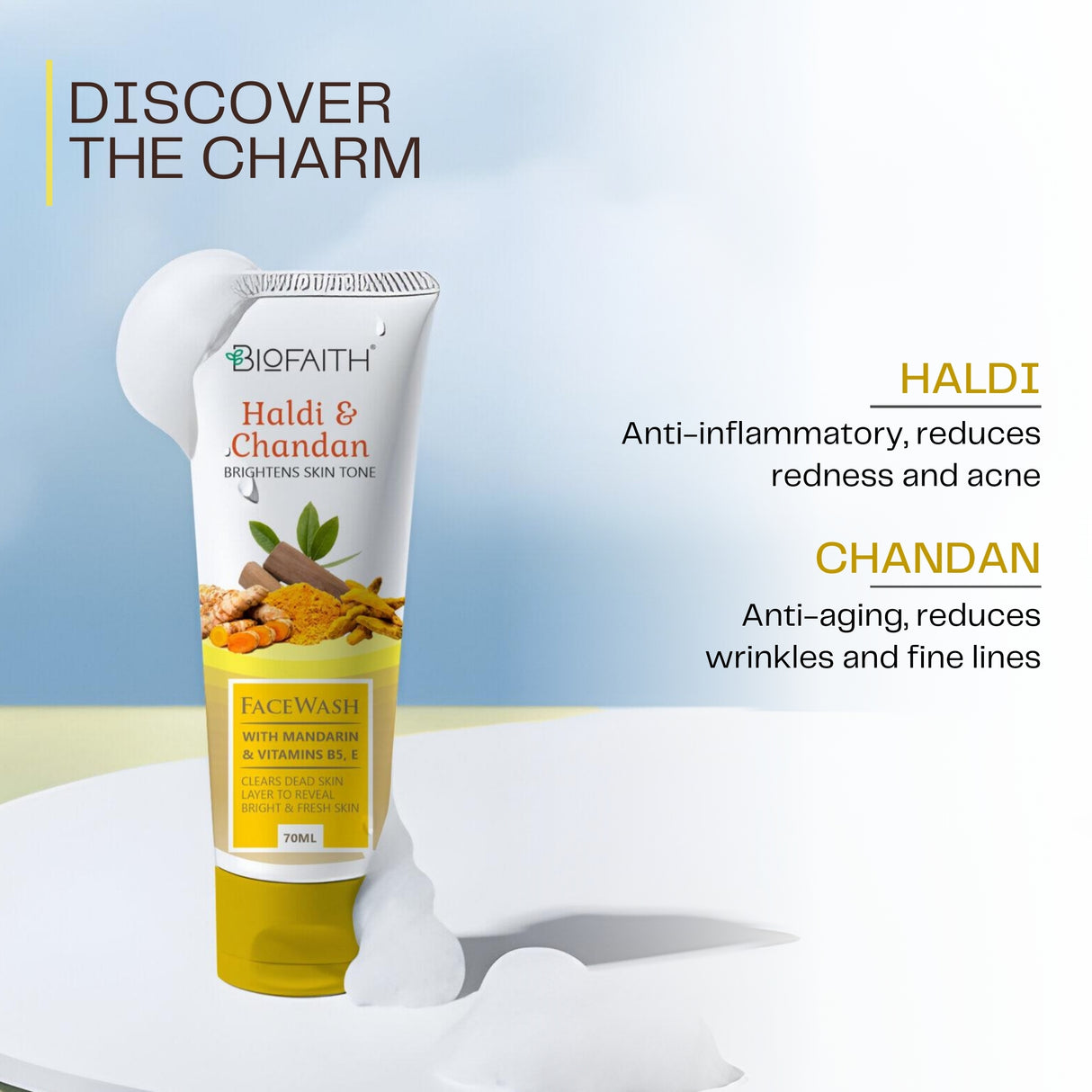 Biofaith Haldi Chandan Face Wash For Bright Skin Tone | Clears Dead Skin Layer To Reveal Bright & Fresh Skin | 70 ml