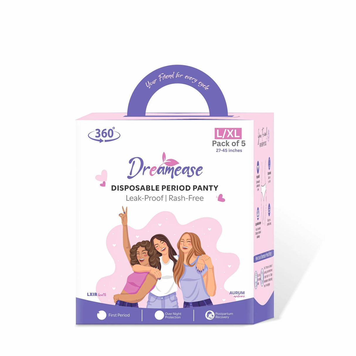 Dreamease Period Panty for Girls & Women, Pack of 5 with 5 free disposal bags (L/XL)