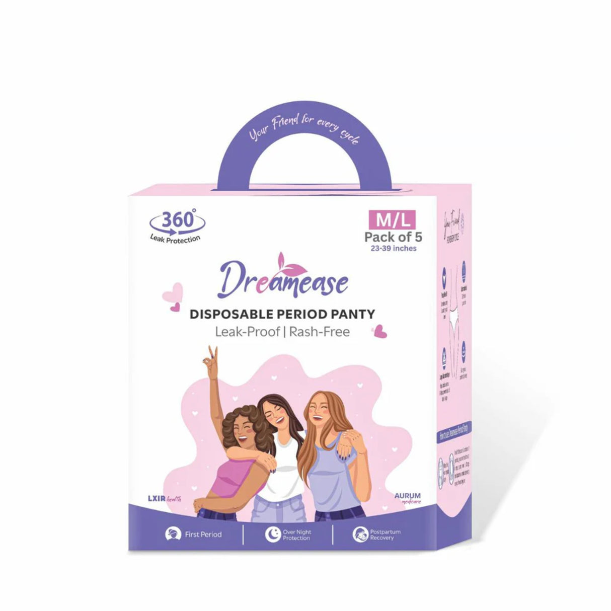 Dreamease Period Panty for Girls & Women, Pack of 5 with 5 free disposal bags (M/L)
