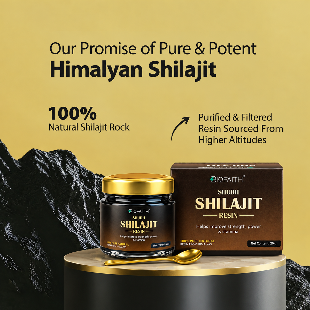 Shudh Shilajit Resin - NLT 68% Fulvic Acid with Free Brass Spoon | Improves strength, power & stamina | 100% Pure Natural | 20g