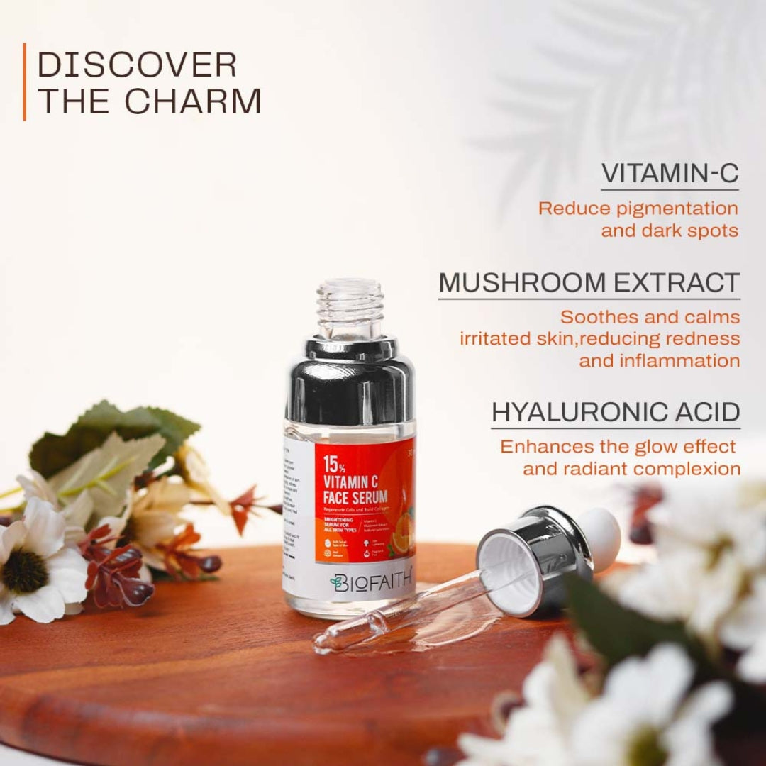 Biofaith 15% Vitamin C Face Serum with Mushroom Extract, Hyaluronic Acid & Niacinamide | 30ml