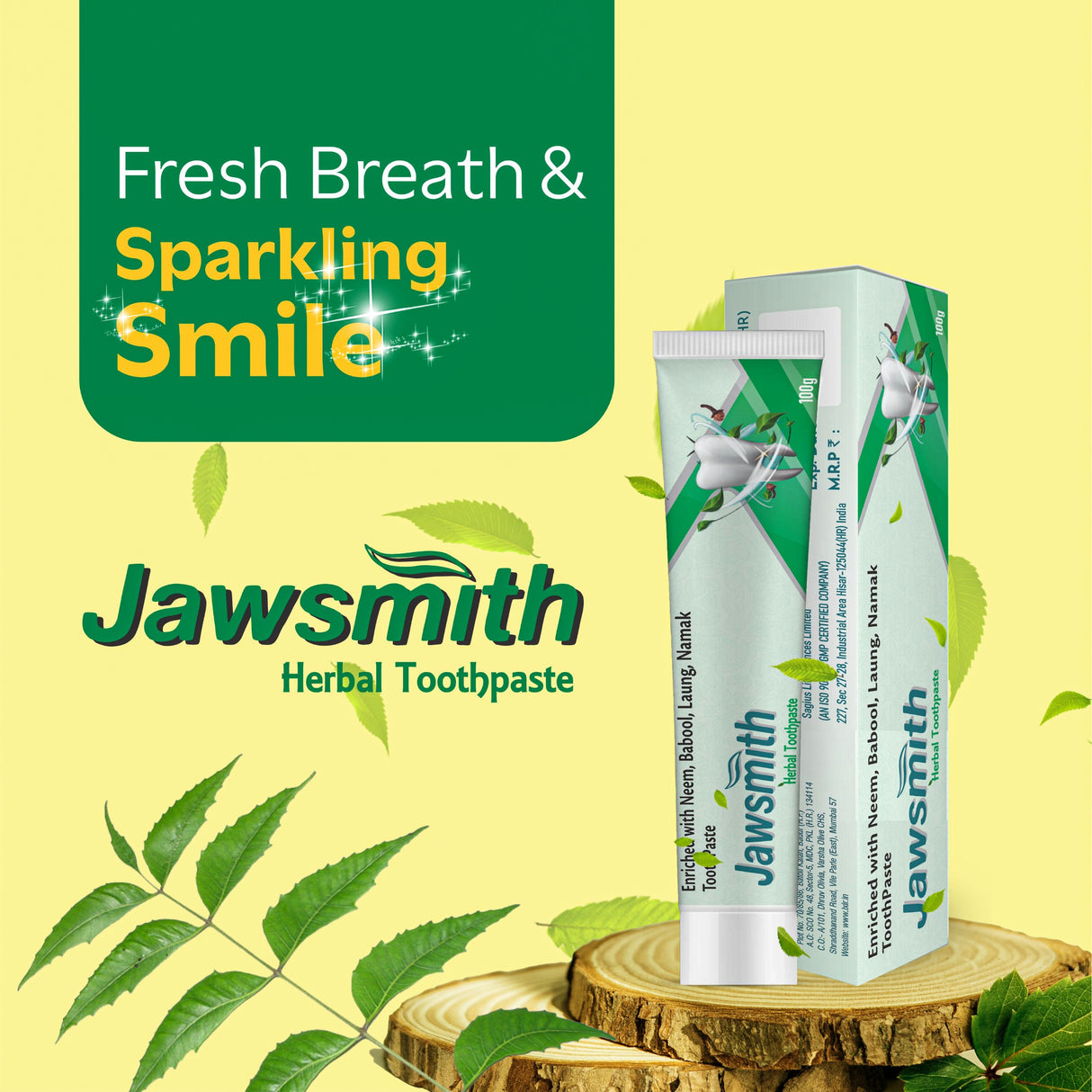 Jawsmith Herbal Toothpaste Natural Formula - Enriched with Neem, Babool, Laung, Namak Toothpaste 100g (Pack of 2)