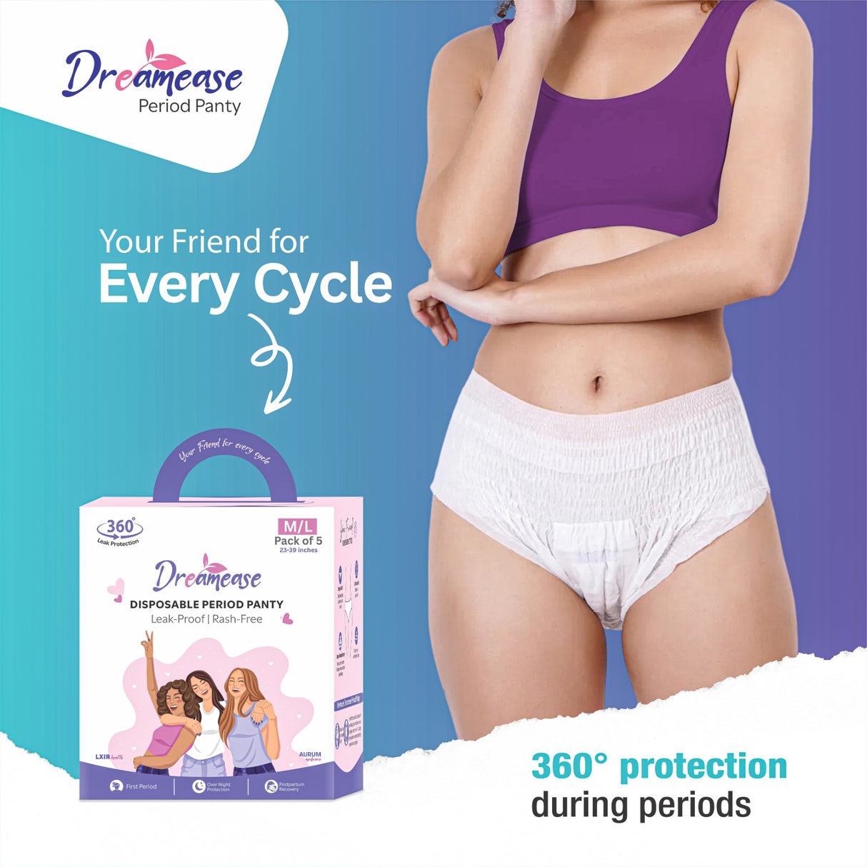 Dreamease Period Panty for Girls & Women, Pack of 5 Sanitary Napkins with 5 free disposal bags (M/L)