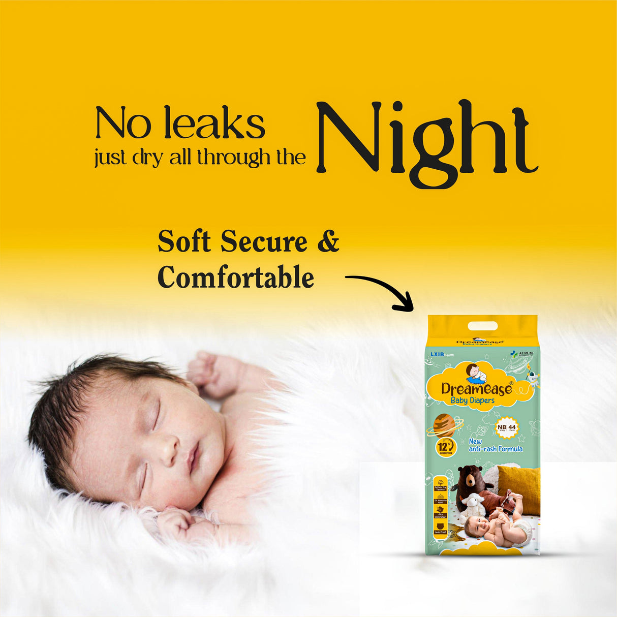 Dreamease Baby Diapers - New Anti-Rash Formula | NB-Size | 44 Pants | Ultra-Soft & Leak-Proof Protection