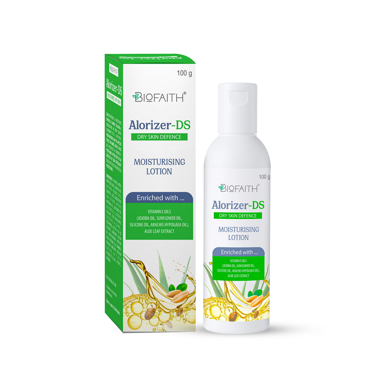 Alorizer-DS Dry Skin Defence Moisturising Lotion | Enriched with Vitamin E Oils (Jojoba Oil, Sunflower Oil, Silicone Oil, Arachis Hypogaea Oil), Aloe Leaf Extract | 100g