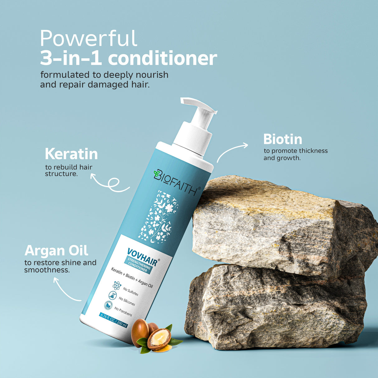 Vovhair Conditioner with Keratin, Biotin & Argan Oil – Intense Moisture, Frizz Control & Smooth Hair – For All Hair Types – 200ml