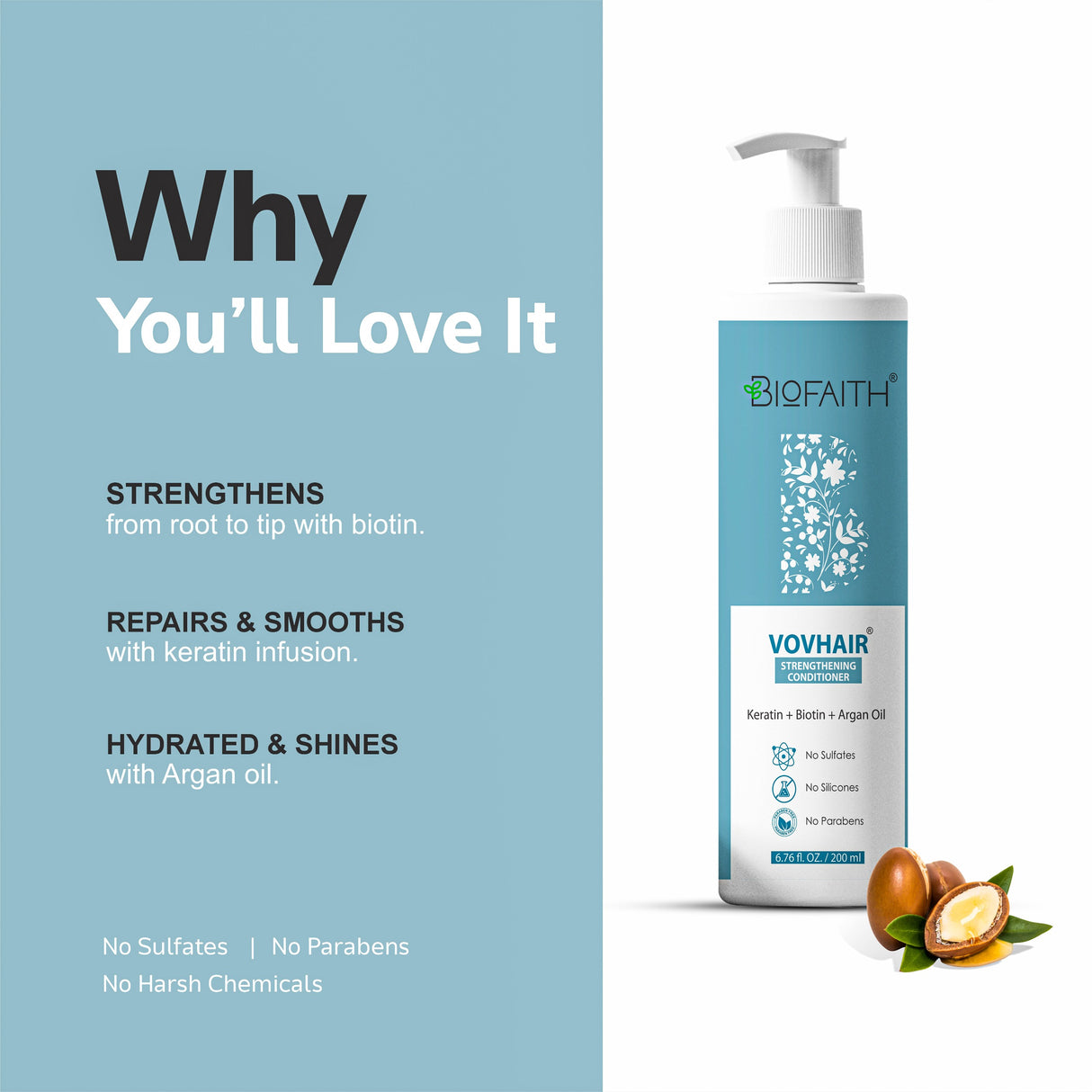 Vovhair Conditioner with Keratin, Biotin & Argan Oil – Intense Moisture, Frizz Control & Smooth Hair – For All Hair Types – 200ml