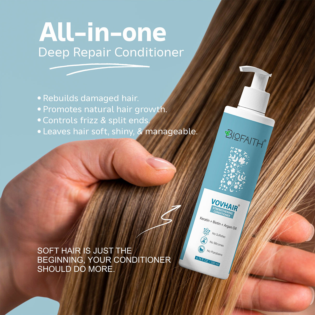Vovhair Conditioner with Keratin, Biotin & Argan Oil – Intense Moisture, Frizz Control & Smooth Hair – For All Hair Types – 200ml