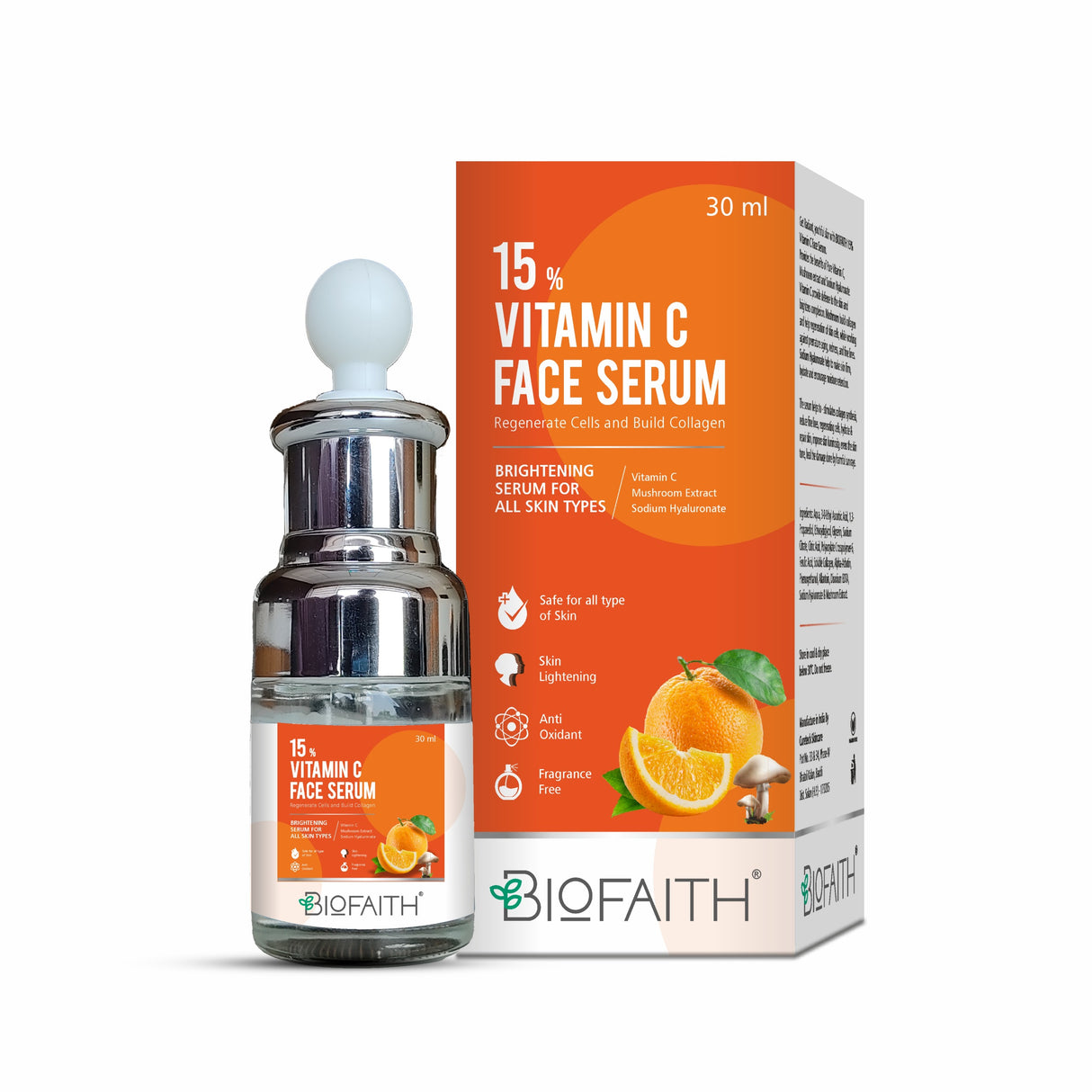 Biofaith 15% Vitamin C Face Serum with Mushroom Extract, Hyaluronic Acid & Niacinamide | 30ml