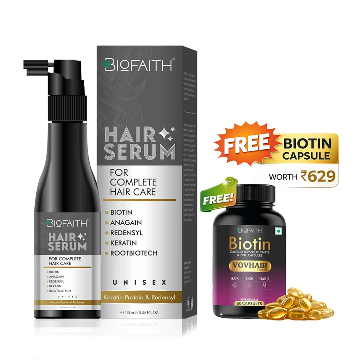 Biofaith Hair Serum | Anagain, Keratin Protein & Redensyl |  Hair Regrowth & Extra Nourishment | 100 ML