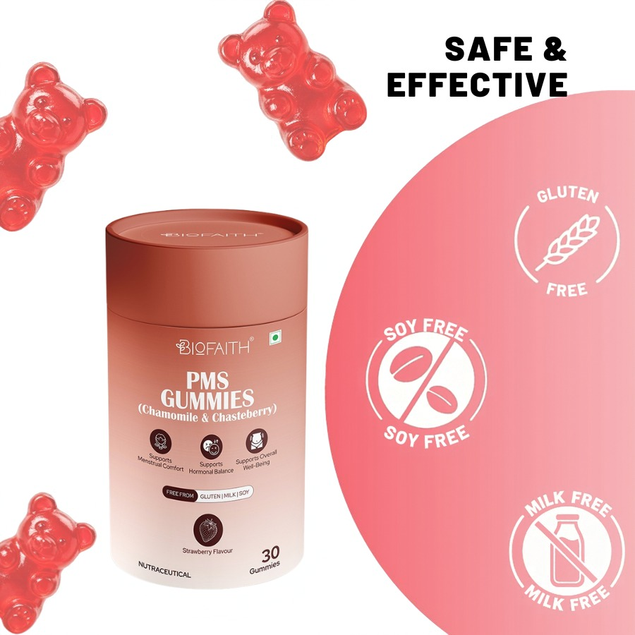 Biofaith PMS Gummies pack with gluten, soy and milk-free labels