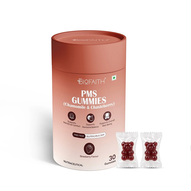 Biofaith PMS Gummies 30-gummy strawberry pack with individually wrapped gummies