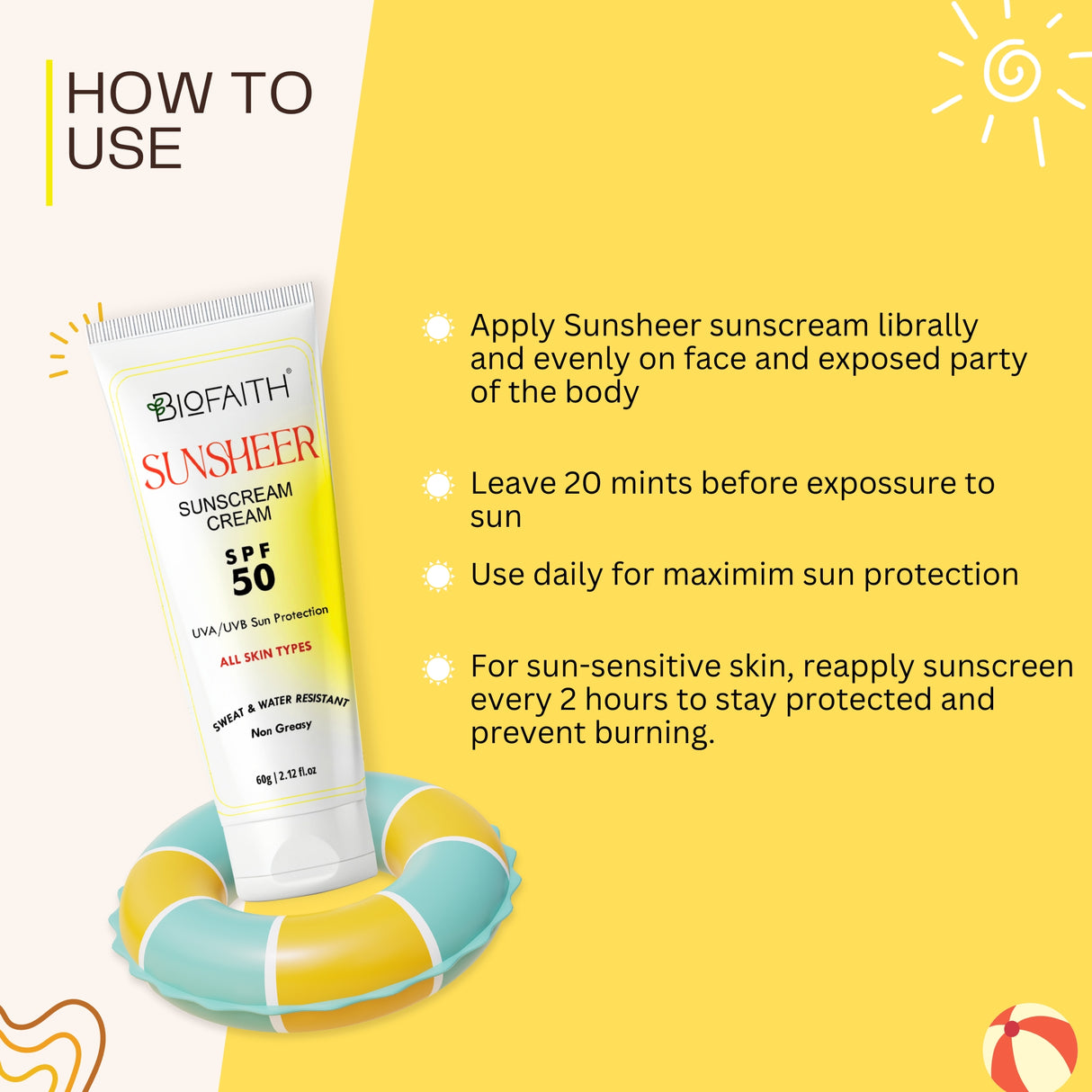 Sunsheer Sunscreen Cream SPF 50 - UVA/UVB Sun Protection - Sweat & Water Resistant ( Non Greasy )- 60g