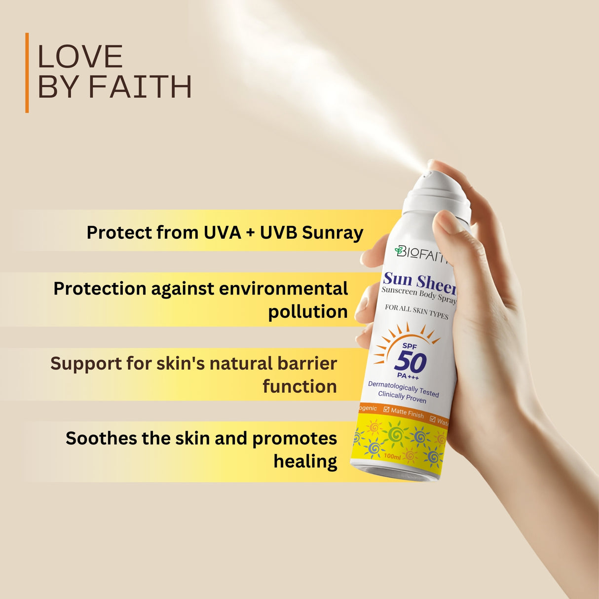 Sunsheer SPF 50+++ Sunscreen Body Spray - Fast Absorbing, Non-Greasy, and Water Resistant (100ml)